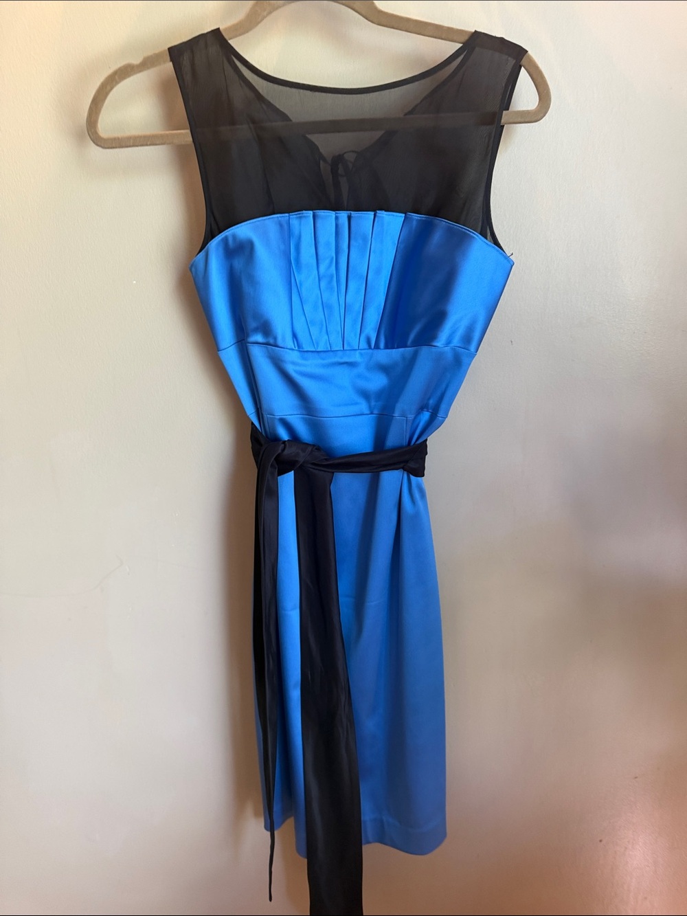 Kay Unger Royal Blue Satin Midi Dress with Black Mesh Yoke and Sash